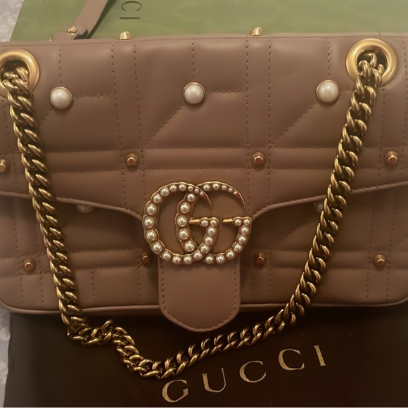 Gucci Pearly GG Marmont Flap Bag Embellished Matelasse Leather Small - Picture 7 of 14
